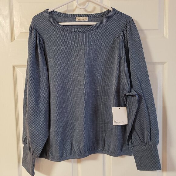 89th & Madison Blue Horizon Long Puff Sleeve Ribbed Shirt Size XL New with Tags - Picture 1 of 9